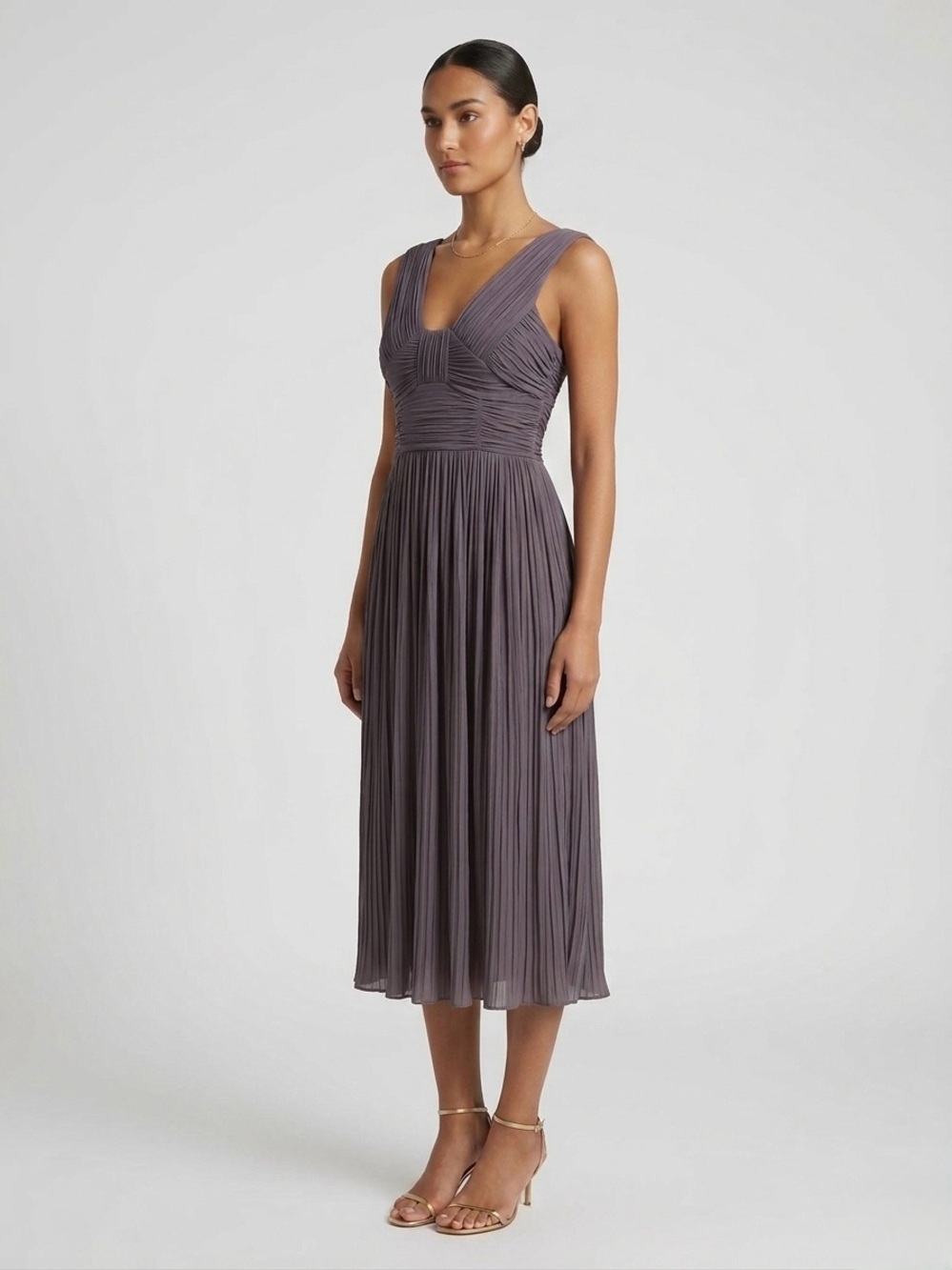 BURBERRY Italy Pleated Ruched V-Neck Midi Dress Grey Purple IT 42 US 6/8